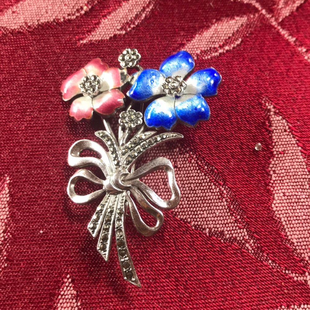 Vintage French enamel and sterling silver flower brooch pin signed
